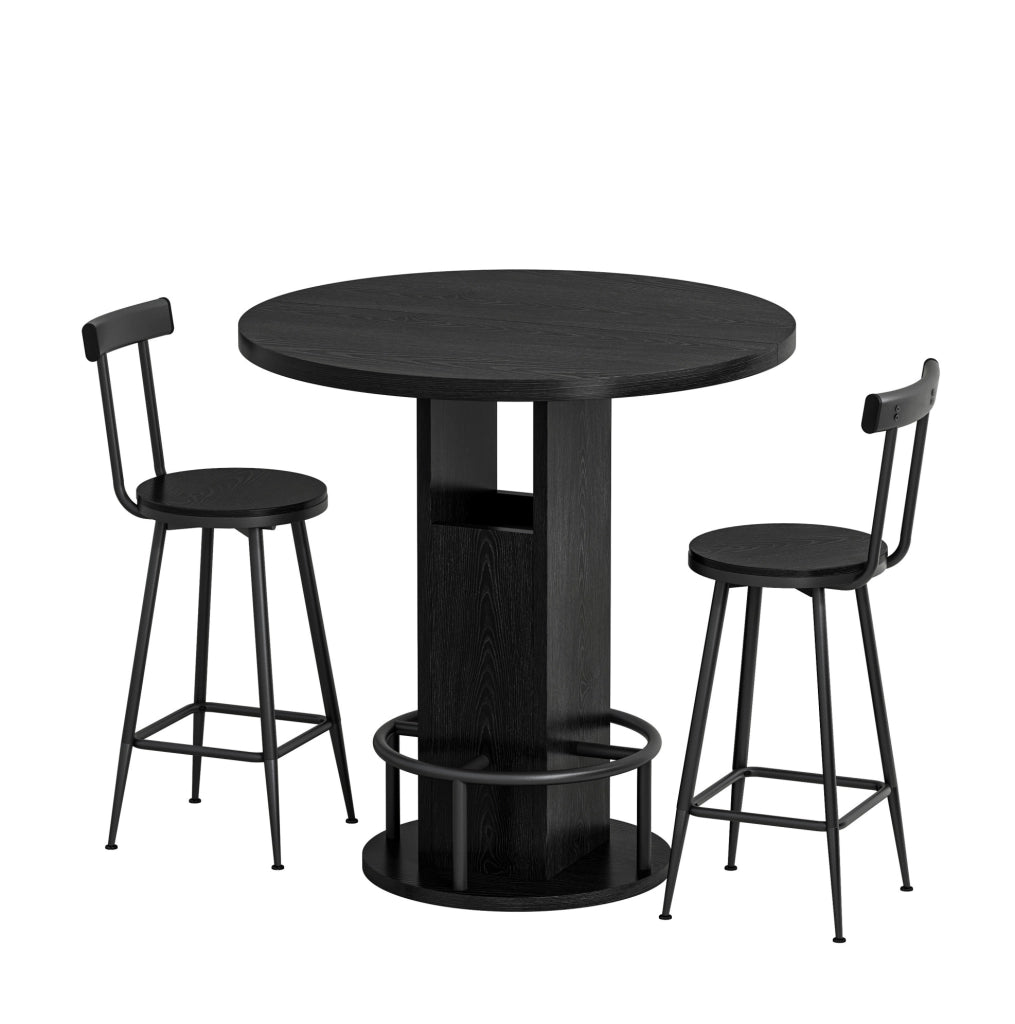 Set tavolo bar rotondo con 2 sgabelli, 80 cm, nero, con vani contenitore