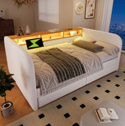 Letto imbottito 140x190 cm con LED; USB C e 2 cassetti; lino beige
