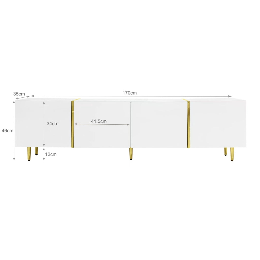 Mobile porta TV lucido con quattro ante, moderno e semplice, di colore bianco.