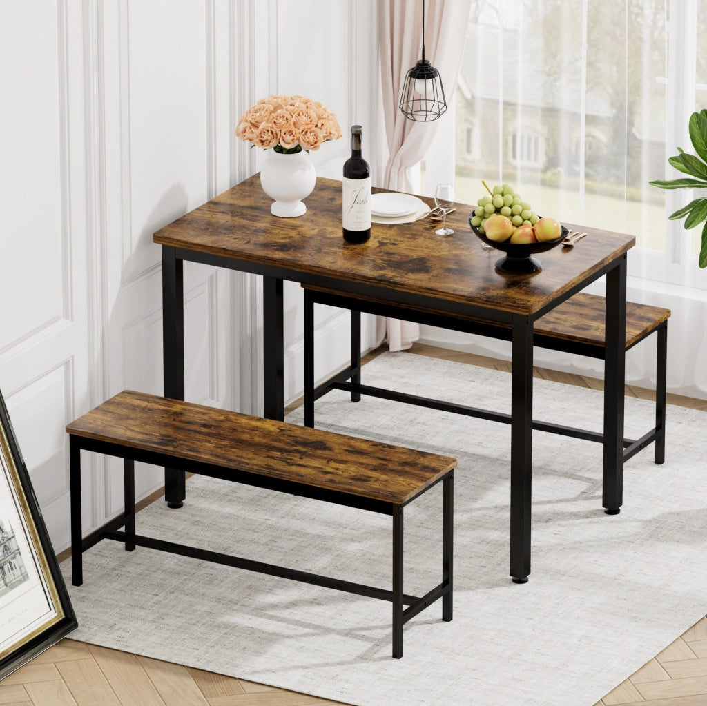 Set da pranzo industriale con tavolo 110x60x75 cm e 2 panche rustiche marrone e nero