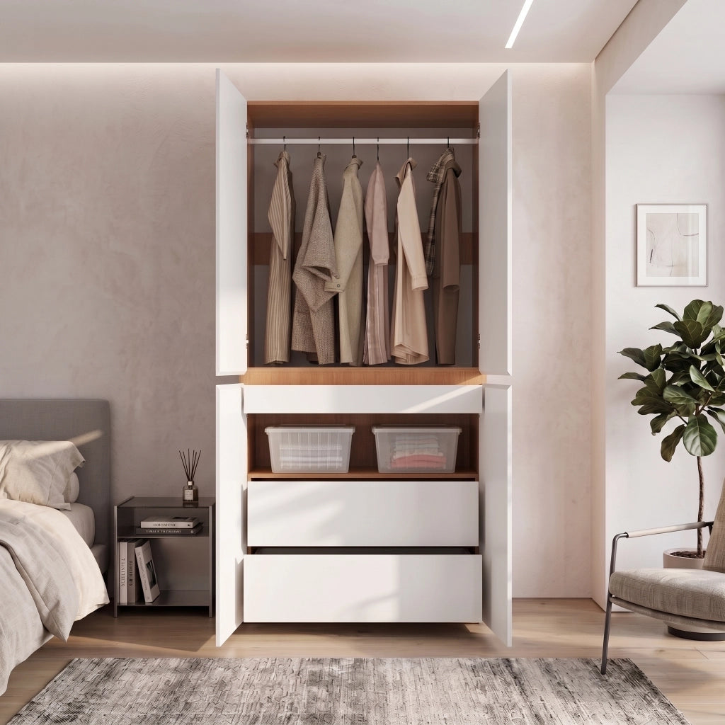 Desviae Armadio guardaroba con cassetto portagioie appendiabiti e vani in MDF bianco effetto rovere 90 × 50 × 200 cm