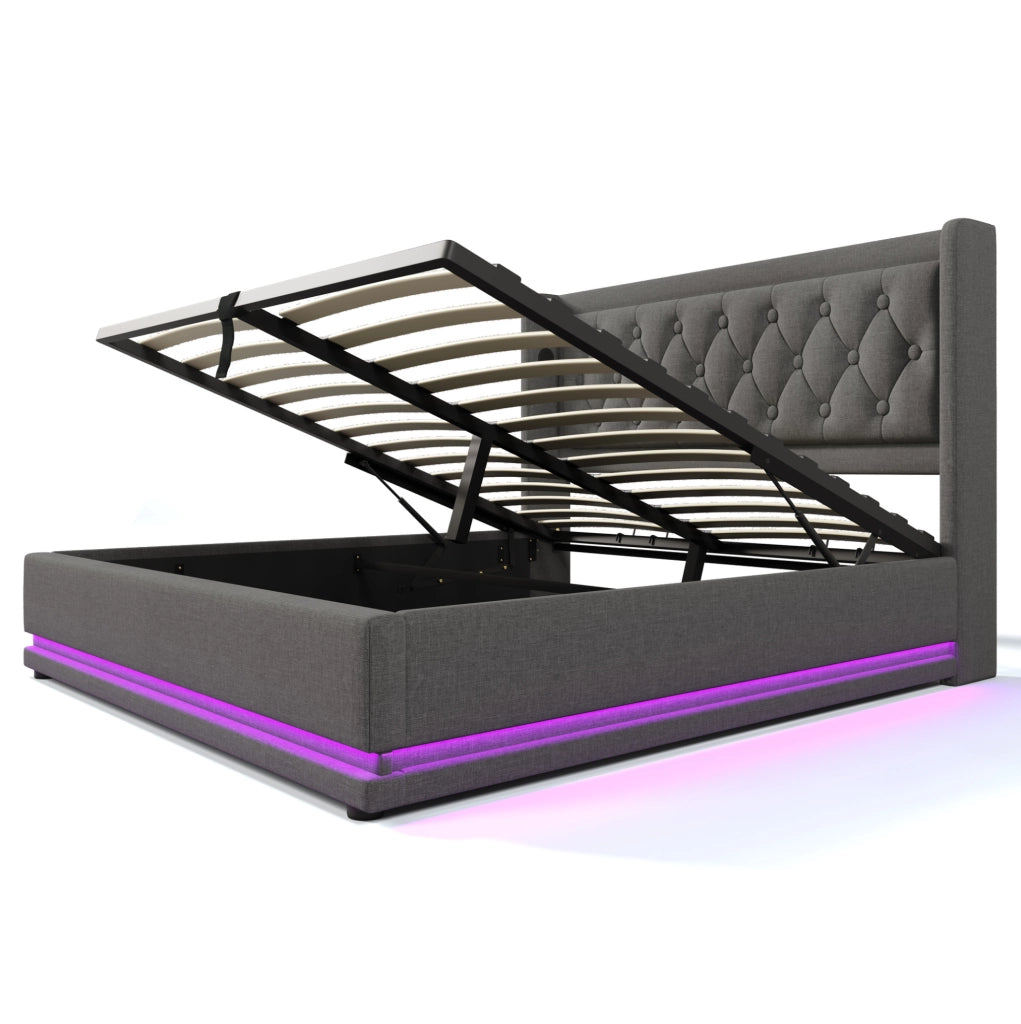 Letto contenitore 160 × 200 cm in cotone grigio con LED; USB e USB-C