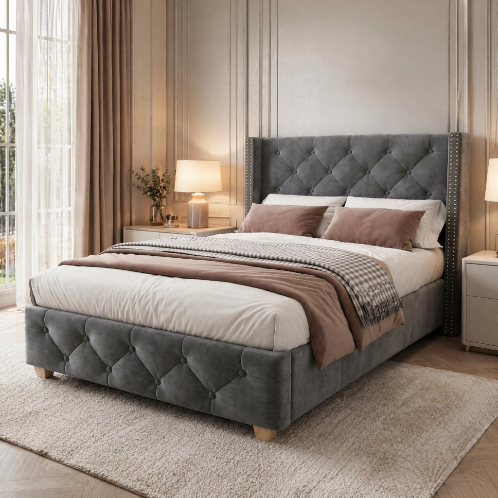 LETTO imbottito 90x200 cm in velluto grigio con rete a doghe
