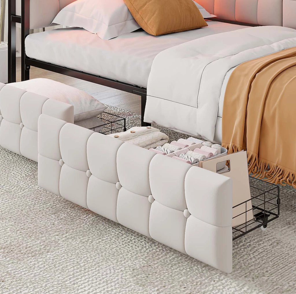 Divano letto in tessuto 90 x 200 cm con 2 cassetti; LED; USB e Type-C; beige