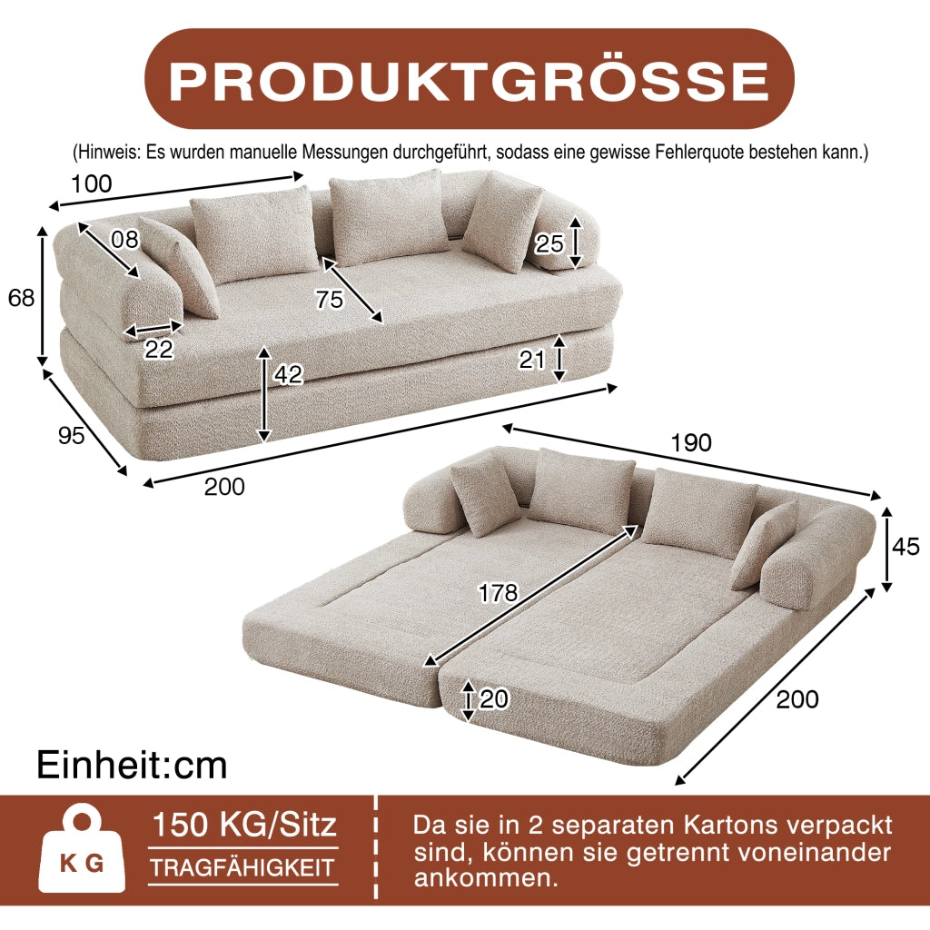 Divano letto modulare 4 in 1 con schienale regolabile in chenille khaki