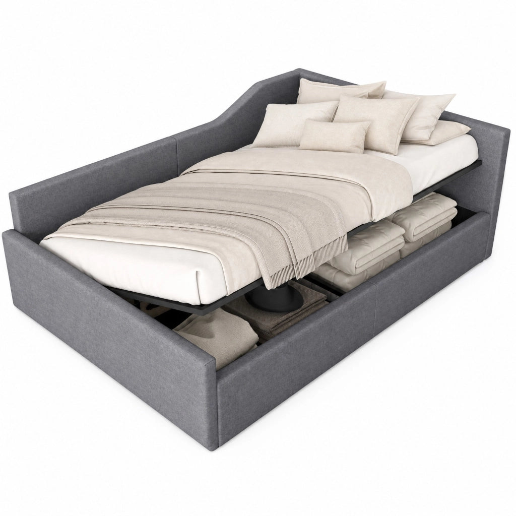 Tagesbett imbottito 140x200 con contenitore, grigio