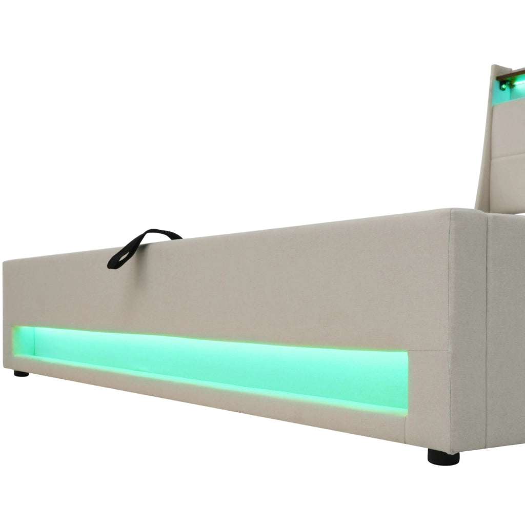 Letto imbottito 140x200 cm beige con LED, USB e contenitore