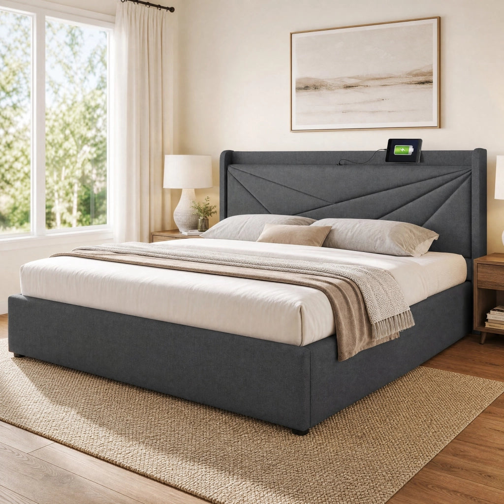 Letto matrimoniale imbottito con contenitore, testiera con ricarica USB e Type-C, 180x200 cm