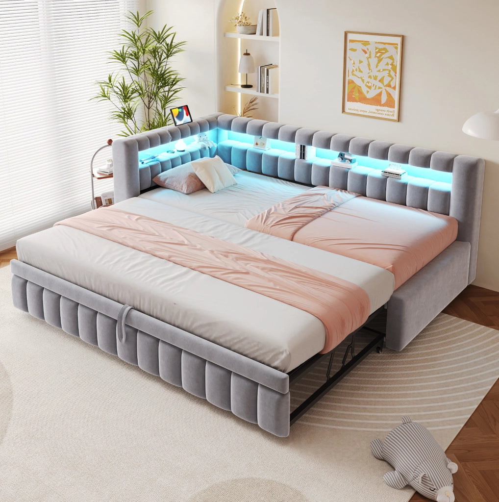 Letto imbottito trasformabile 90x200 cm con LED; USB e ripiani integrati; velluto grigio chiaro