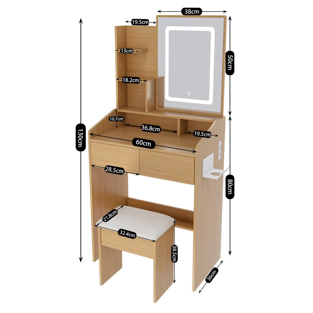 Toeletta con 2 cassetti; specchio LED e porta phon - per camera da letto - 60×36×130 cm