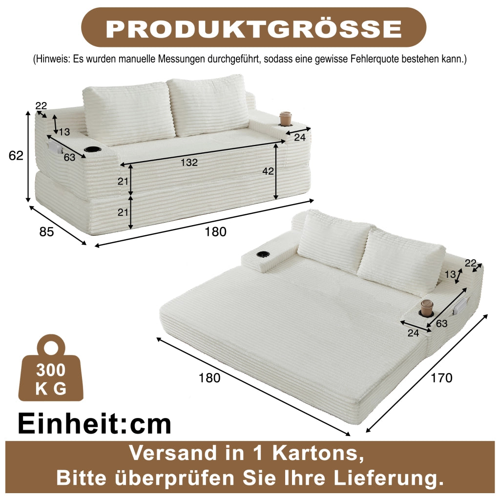 Divano letto 2 in 1 con portabevande e tasche laterali in velluto a coste beige