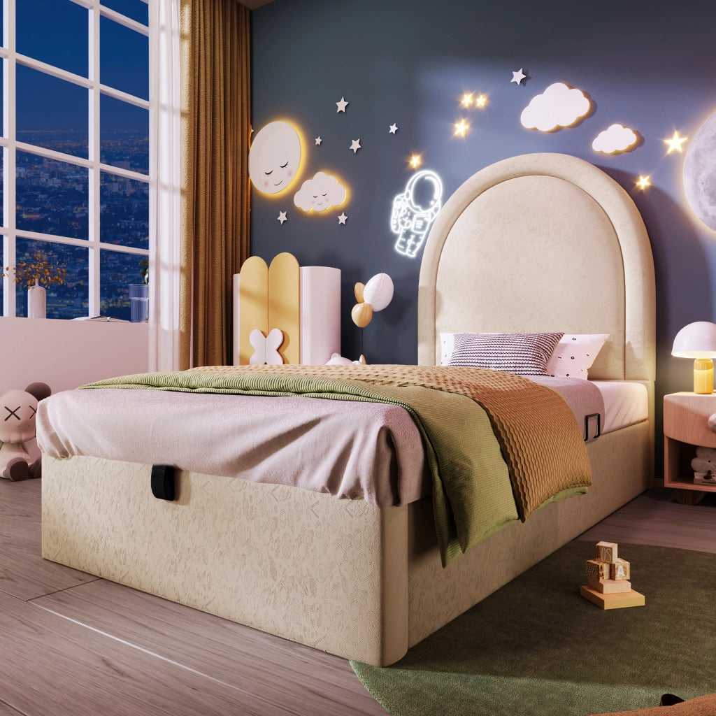 Letto imbottito singolo 90×200 cm con contenitore e rete sollevabile; materasso incluso; PU; beige