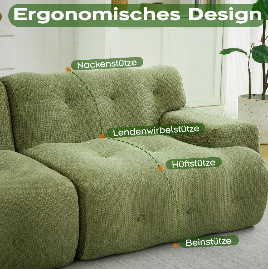 Divano Cloud 2 posti in tessuto ciniglia verde con braccioli larghi e design moderno, 224x104x66 cm