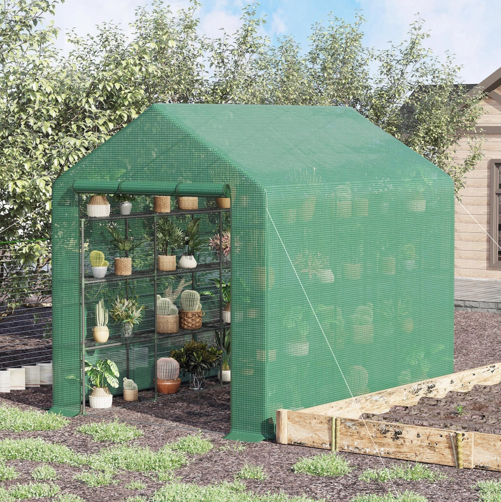 SERRA da Giardino con Scaffali, Porta a Rullo, Verde, Acciaio e PE
