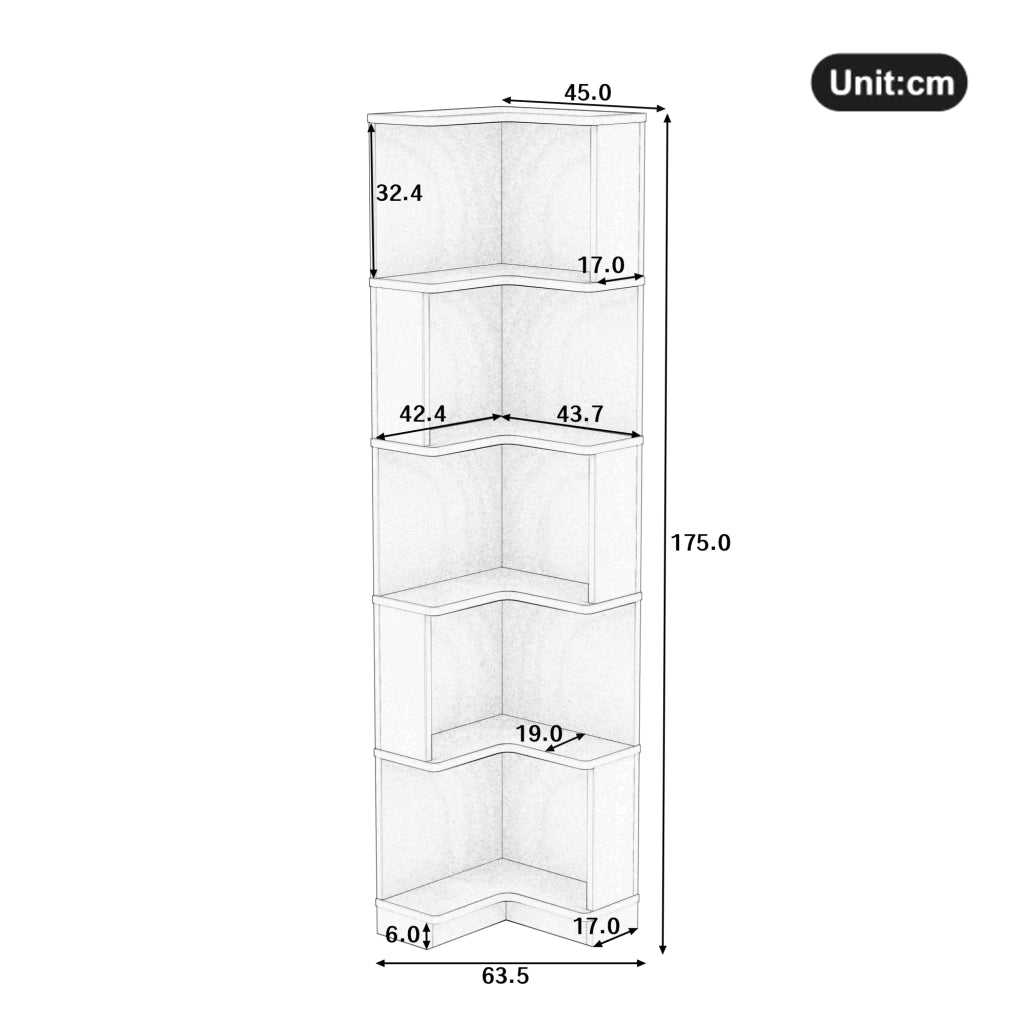 Libreria angolare a L marrone in MDF con 5 ripiani e luce regolabile 63,5x45x175 cm