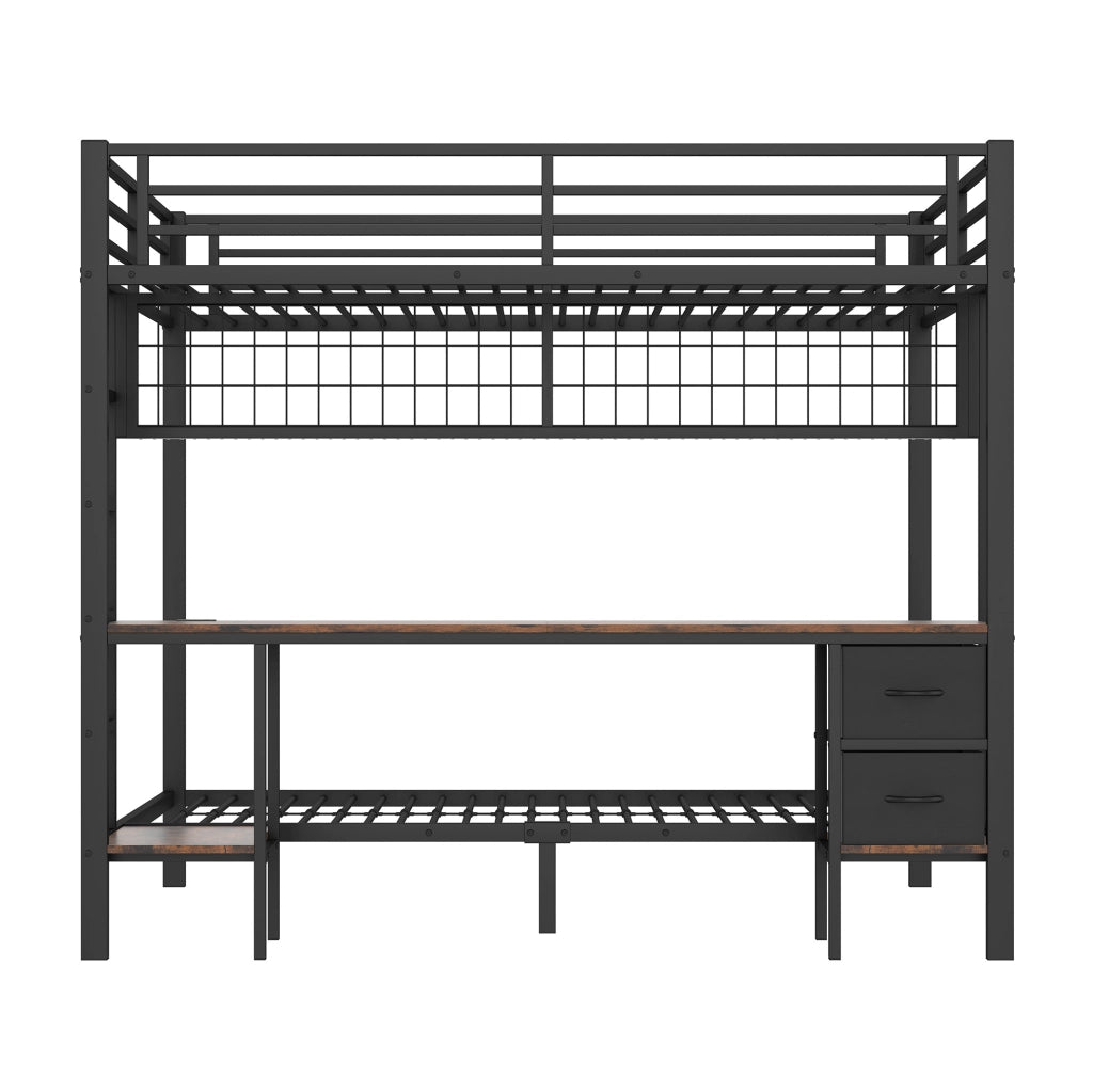 Letto a soppalco 140x200 cm con scrivania, LED e USB in metallo nero