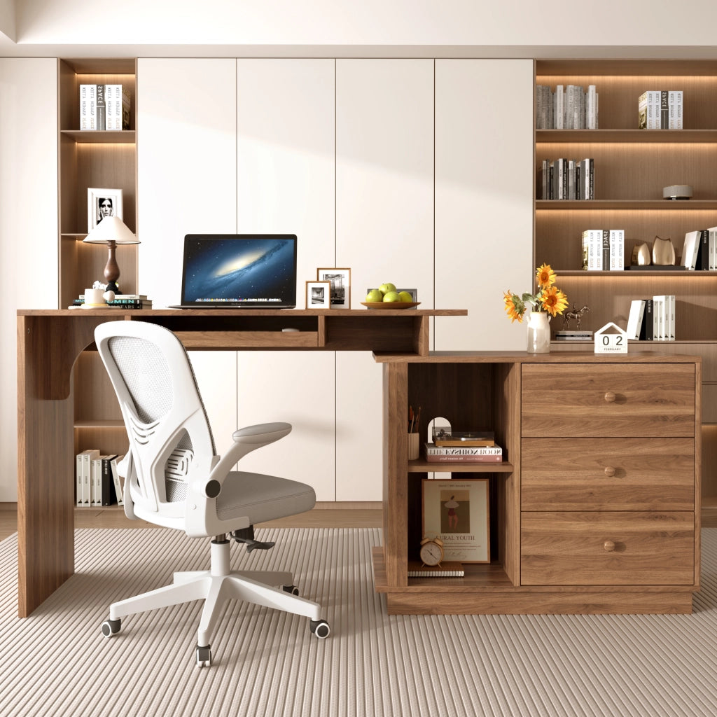 Scrivania Computer per Ufficio e Studio ¨C Minimal ¨C Legno Multistrato con 3 Cassetti e Ripiani