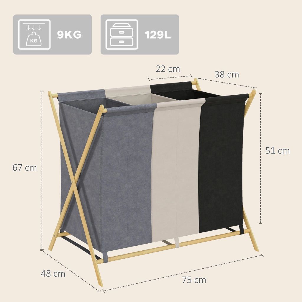 Cesto per Biancheria Pieghevole ¨C Zephmum ¨C Multicolore con Bamb¨´ e 3 Compartimenti 129L