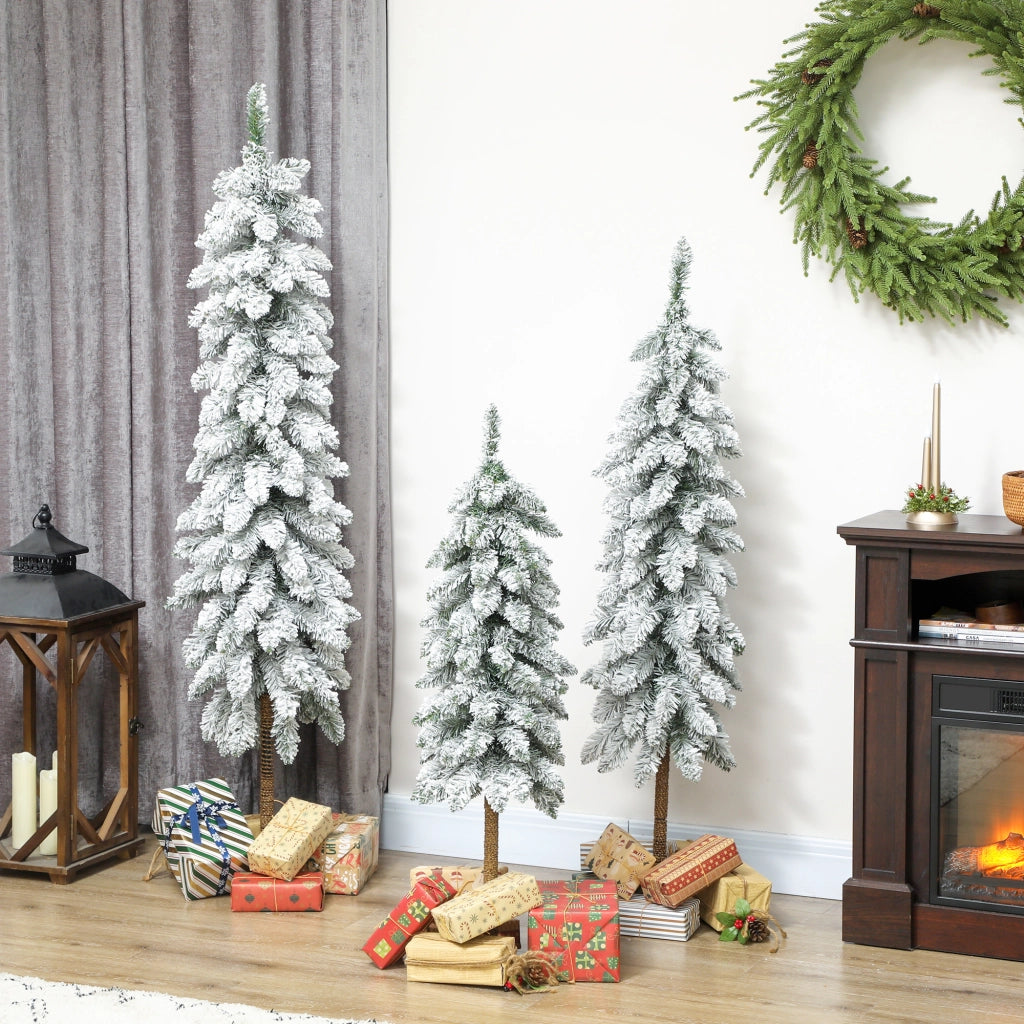 Set 3 Alberi di Natale Artificiali Innevati con Base in Metallo Ignifughi Plastica Bianco e Verde per Casa