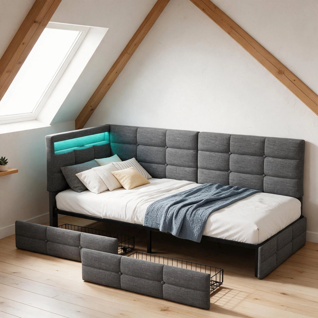letto contenitore singolo 90x200 cm con 2 cassetti;letti singoli per ragazzi;Divano letto rete LED; USB; lino; grigio