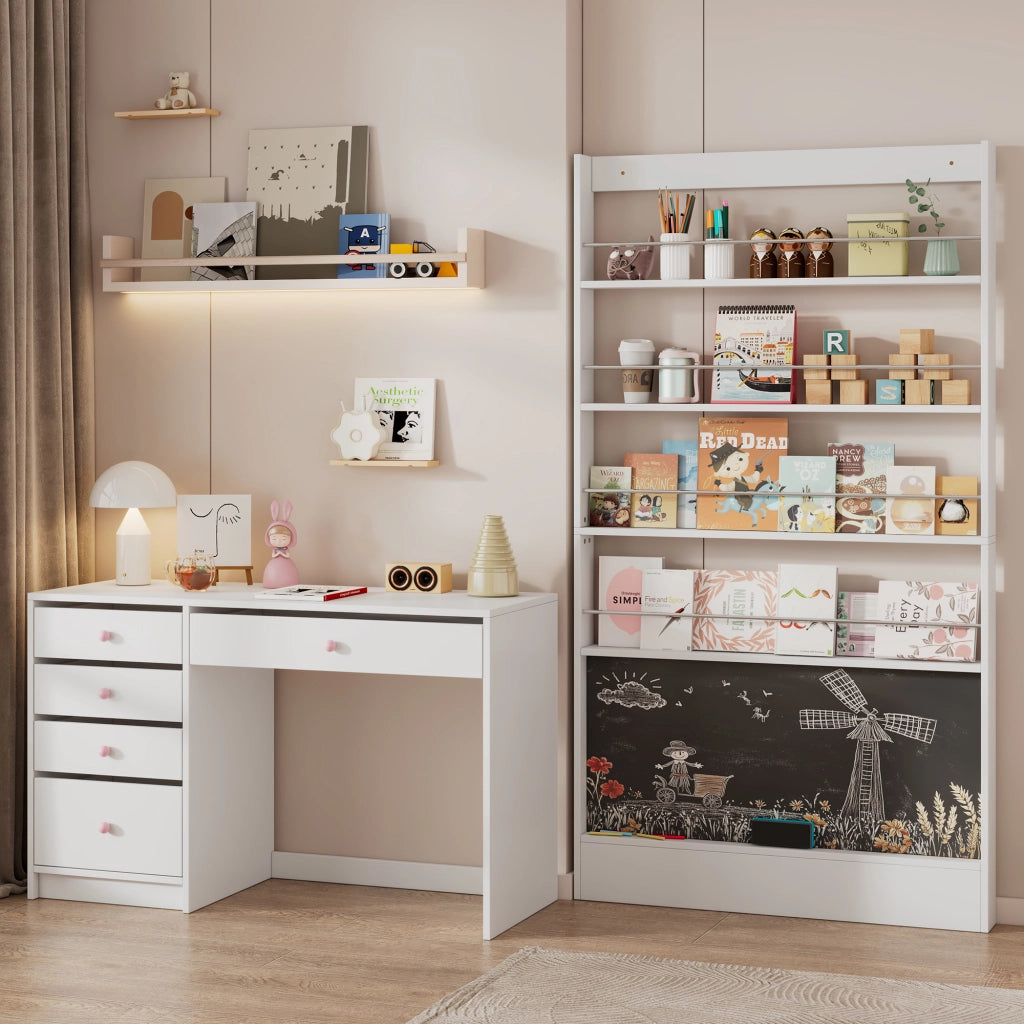 Set Scrivania e Libreria per Bambini 2 Pezzi con 5 Cassetti, 4 Ripiani e Lavagna, Bianco