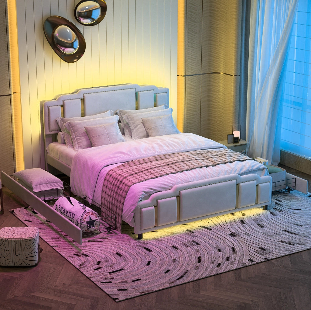 Letto imbottito 140 x 200 cm in velluto beige con LED, 4 cassetti e finiture oro