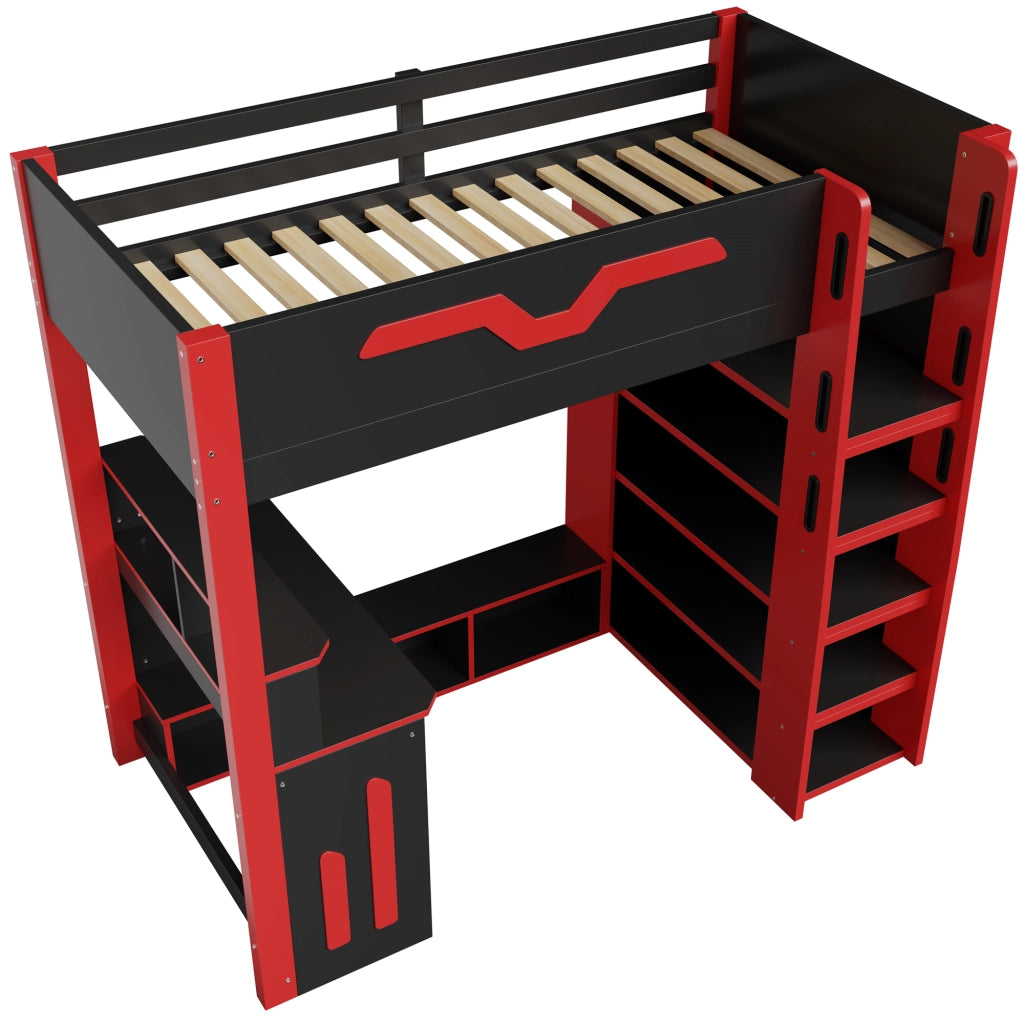 Letto a soppalco 90x200 cm con scrivania; LED e scala contenitore; legno nero e rosso
