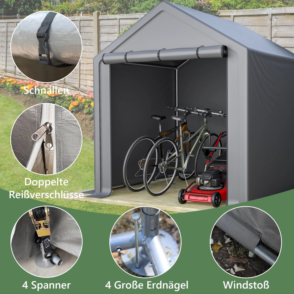 Casetta Porta Bici Stabile 190x170x200 Cm Acciaio Zincato Grigio Scuro Per Deposito Esterno Con Porta A Rullo