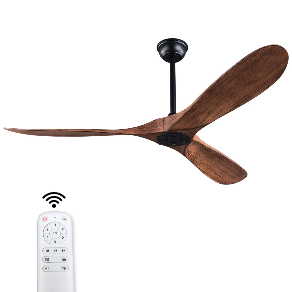 Ventilatore da soffitto moderno senza luce a 3 pale in ABS noce con motore dc reversibile e telecomando nero