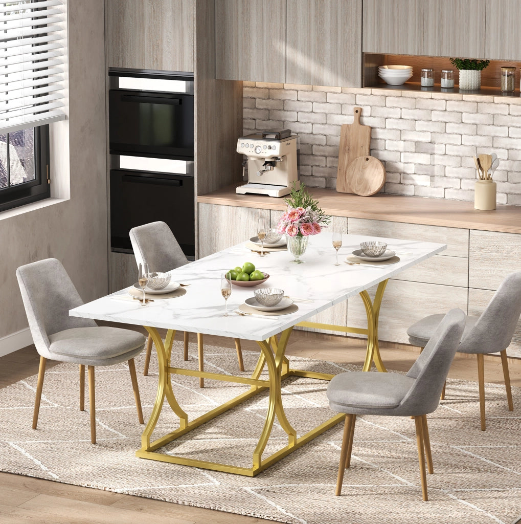 TAVOLO da pranzo 200x80x76 cm effetto marmo bianco e oro