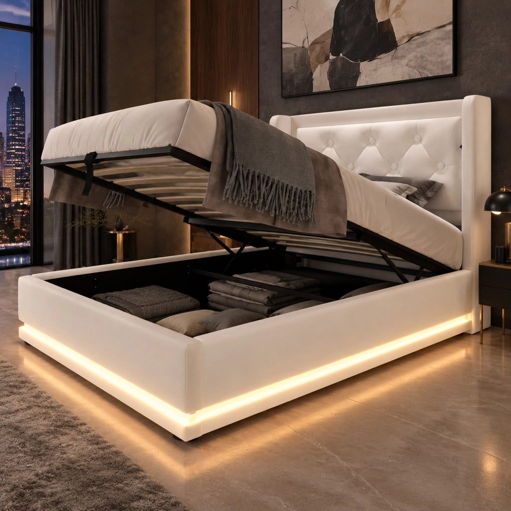 Letto singolo con contenitore 90 × 200 cm con testiera imbottita USB e Type-C LED a 3 lati in PU bianco