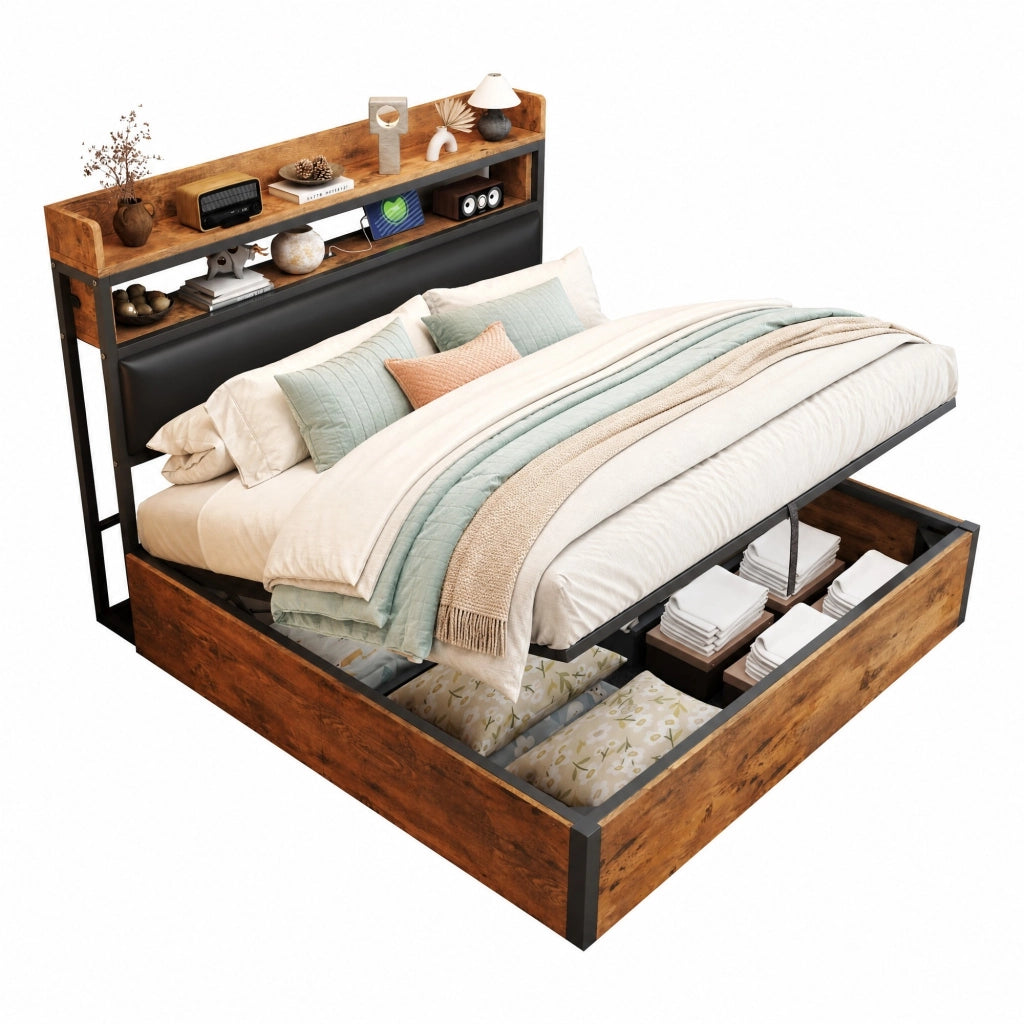 Letto 180x200 cm con contenitore idraulico, USB e testiera imbottita nero