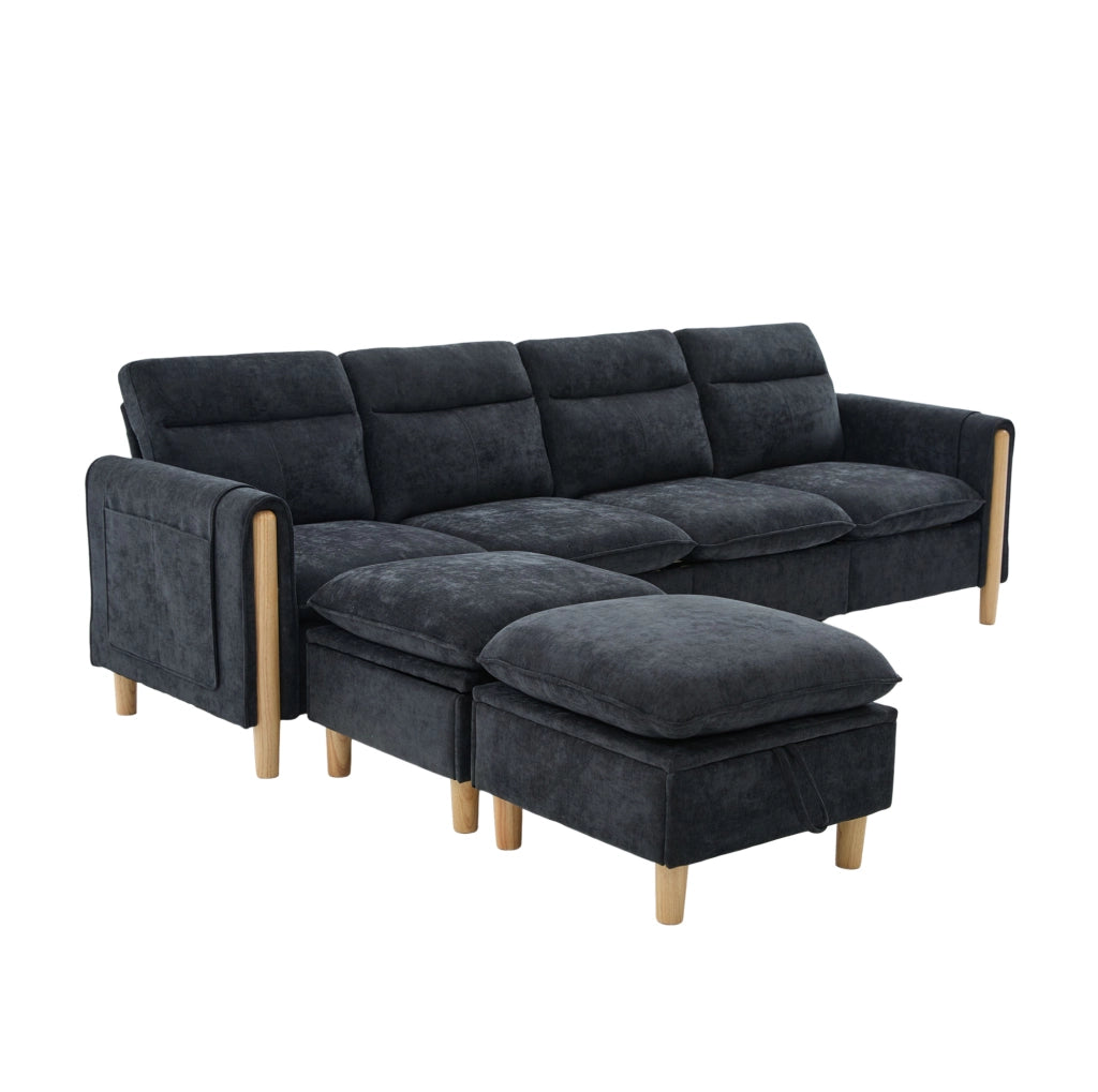 Divano 4 posti 261x77x86 cm in ciniglia nera con 2 pouf contenitore