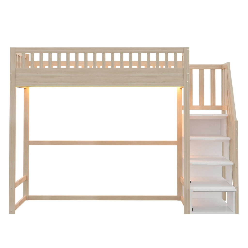 Letto a soppalco 90x200 cm con scala contenitore reversibile e LED in pino, compensato e MDF