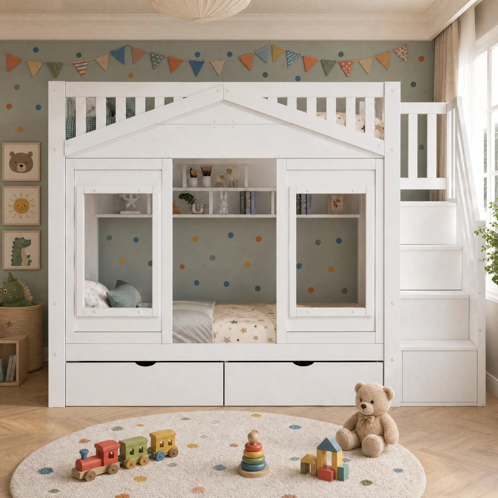 Letto a soppalco per bambini 90x200 cm con scala contenitore e cassetto in pino e MDF; bianco