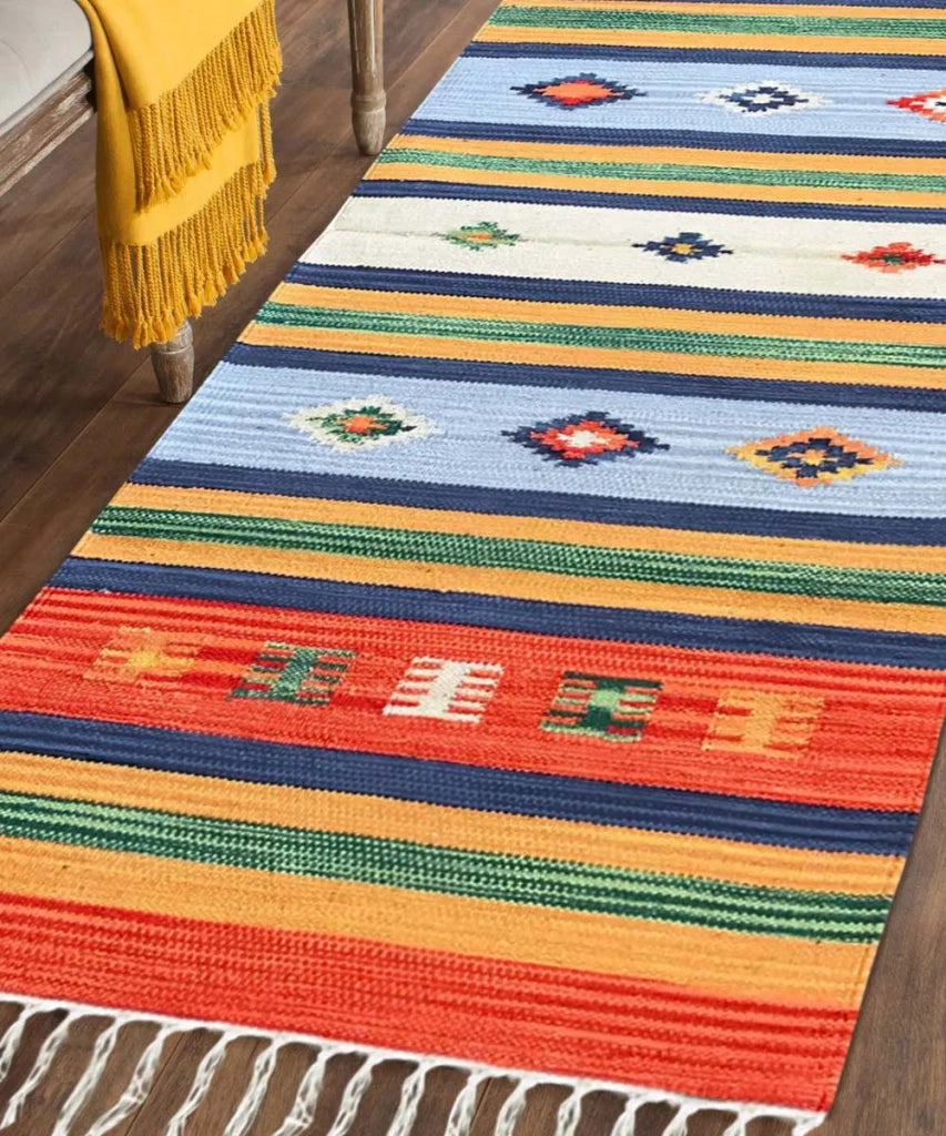 Tappeto passatoia KELIM 06 disegni etnici orientali colori vivaci cm.60x200 tessuto e frangia 100% cotone, lavabile in lavatrice