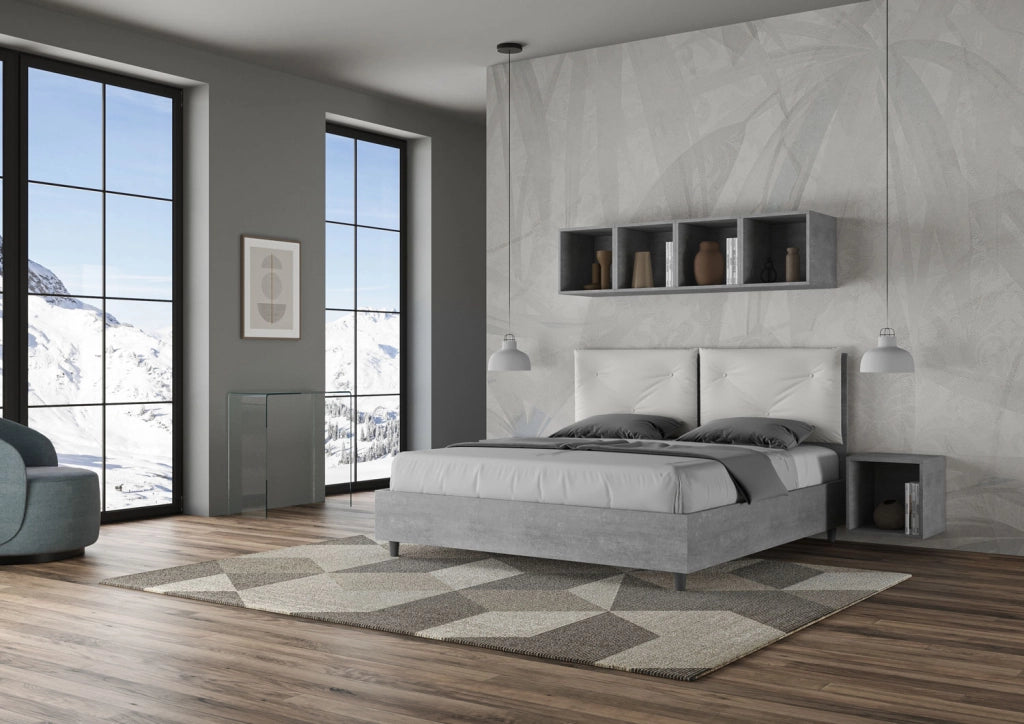 BS COM Letto matrimoniale contenitore 160x190 Cemento cuscini similpelle bianco