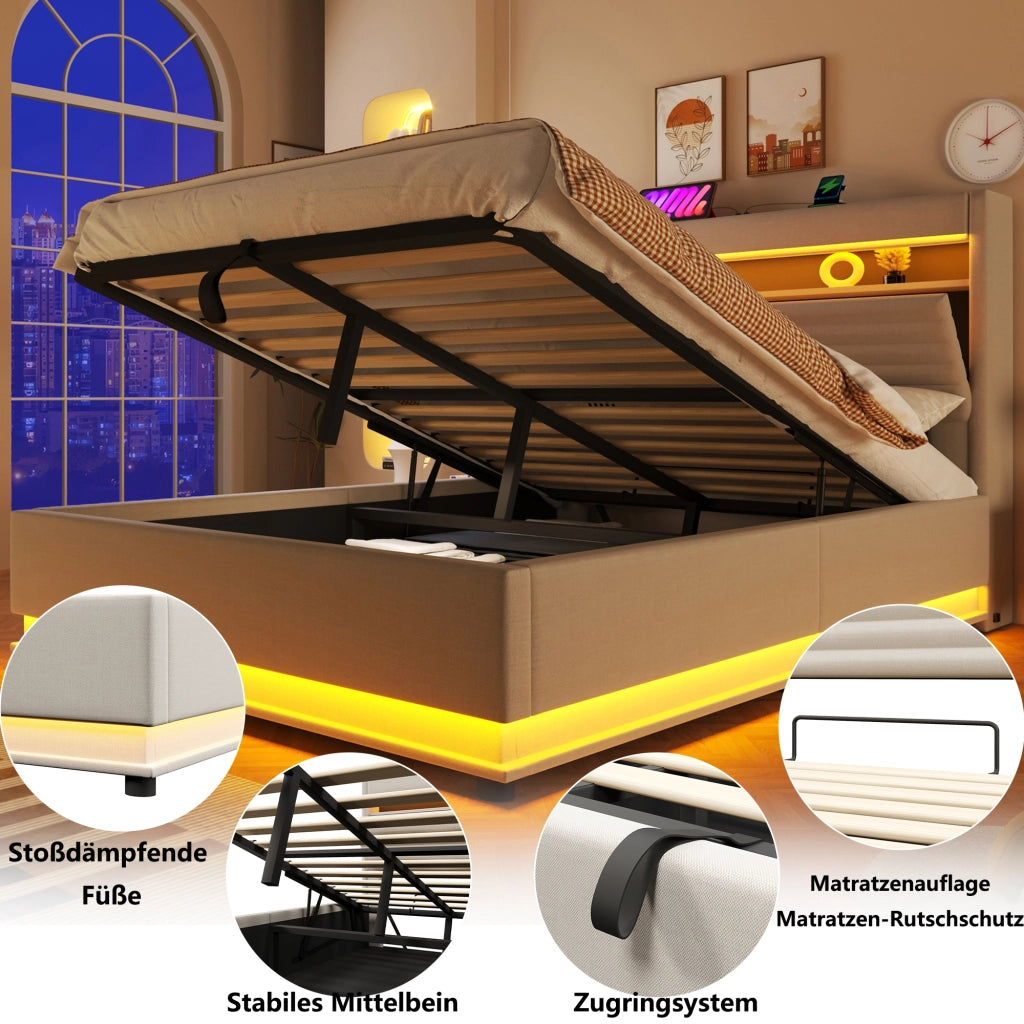Letto contenitore 140 × 200 cm con LED USB e USB Type-C testiera imbottita in lino beige
