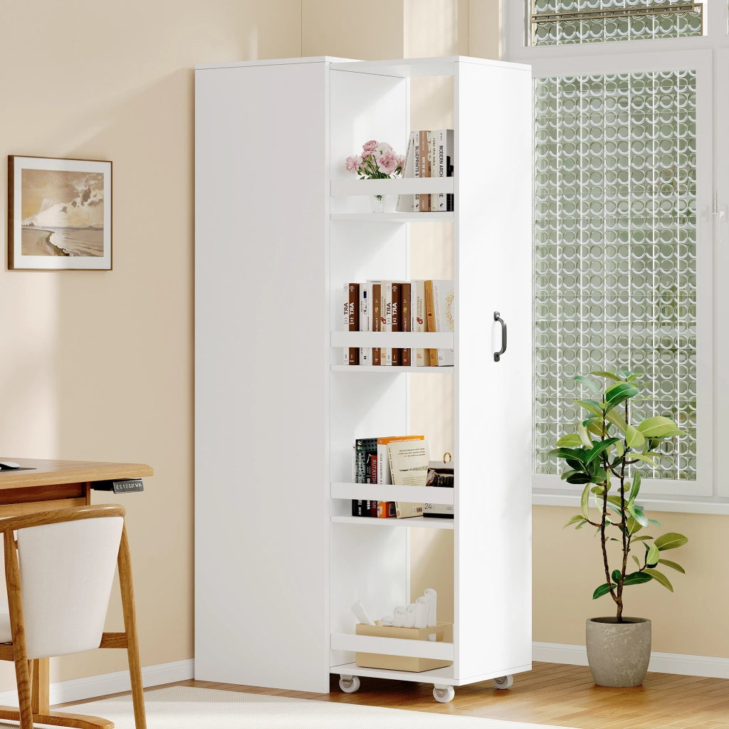 Libreria stretta con ruote e contenitori protettivi 40 x 30 x 160;5 cm in MDF bianco