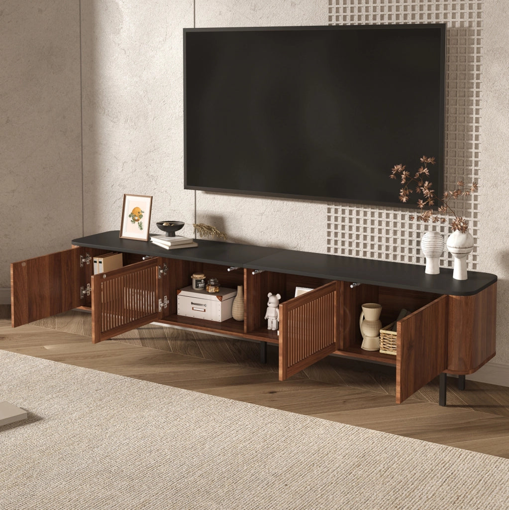 Mobile TV moderno 190x35x45 cm in MDF e pannello truciolare; effetto noce e nero