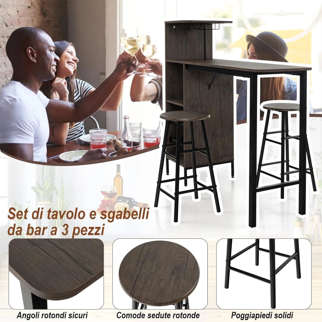Set 3 Pezzi Tavolo e Sedie da Bar, Tavolo e Sgabelli da Pub Industriale con Porta Calici e 6 Portabottiglie da Vino, Set di Tavolo per Sala da Pranzo, Ristorante e Bar (Marrone)