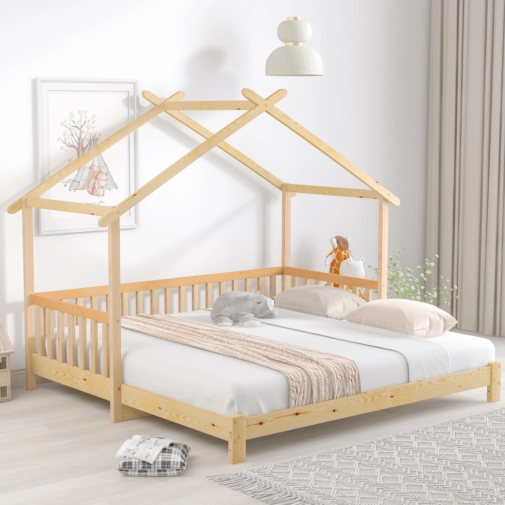Letto a soppalco estensibile a forma di casa, 200x90/200x180 cm, legno naturale