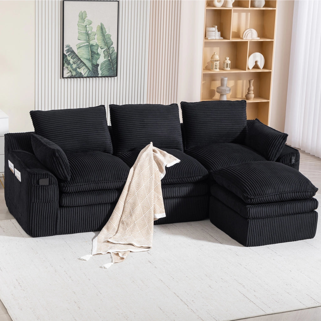 Divano 3 Posti con Poggiapiedi e Cuscini in Tessuto ¨C MINIMAL ¨C Nero