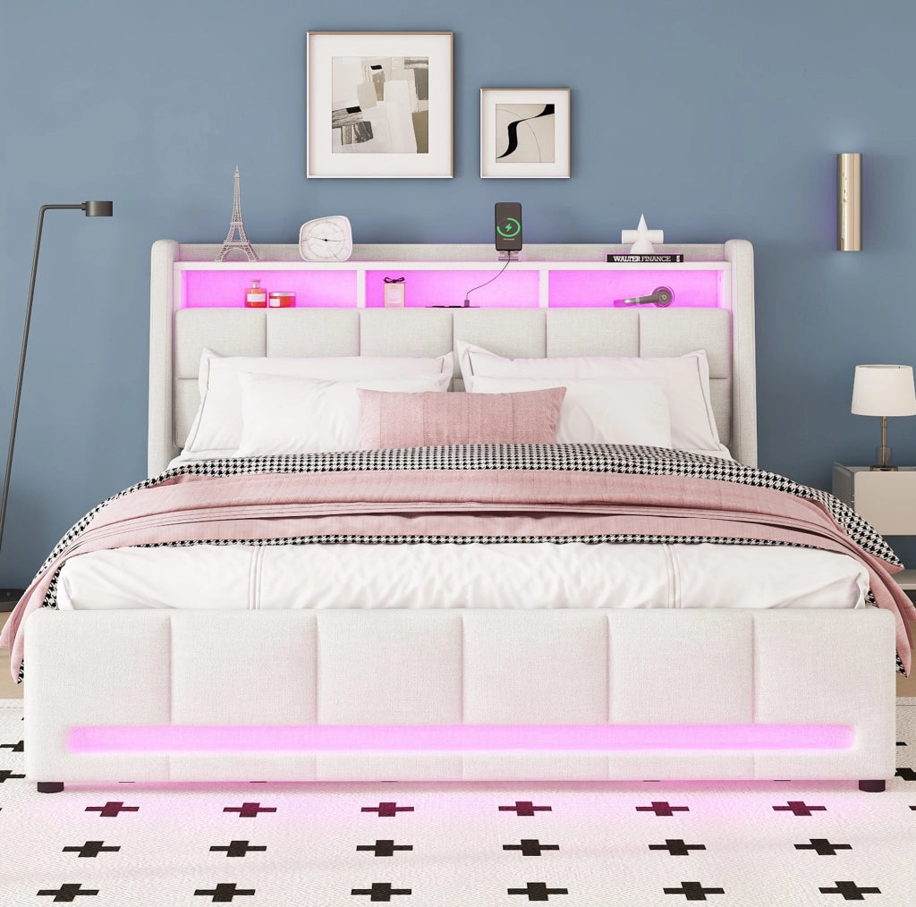 Letto contenitore 140x200 cm con LED; USB e 2 cassetti; lino e MDF beige