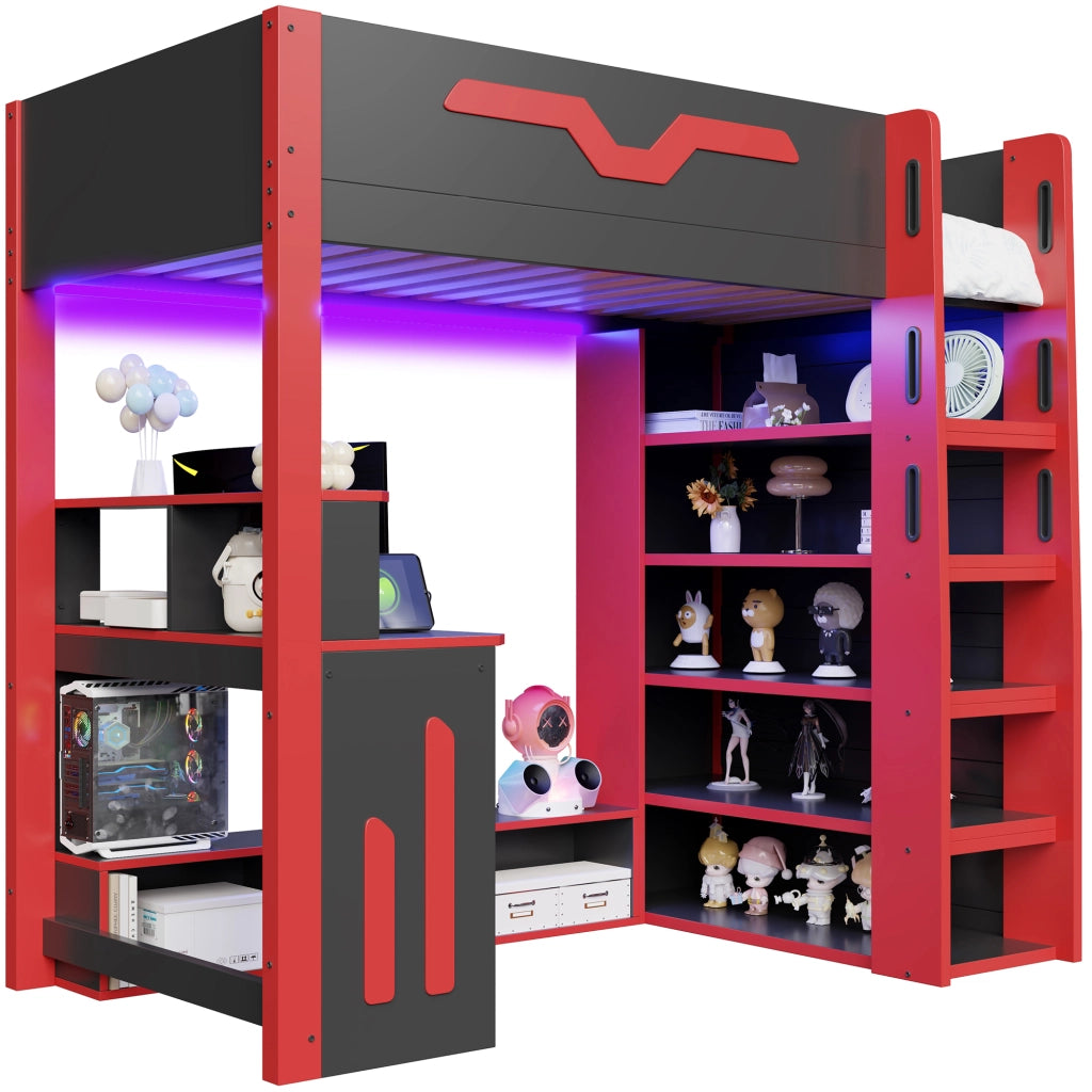 Letto a soppalco 90x200 cm con scrivania; LED e scala contenitore; legno nero e rosso