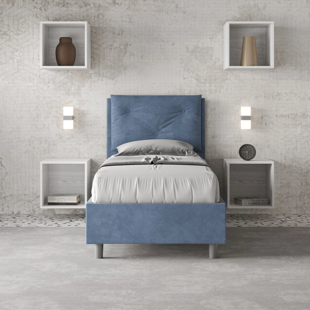 BS COM Letto singolo contenitore imbottito 90x210 microfibra blu
