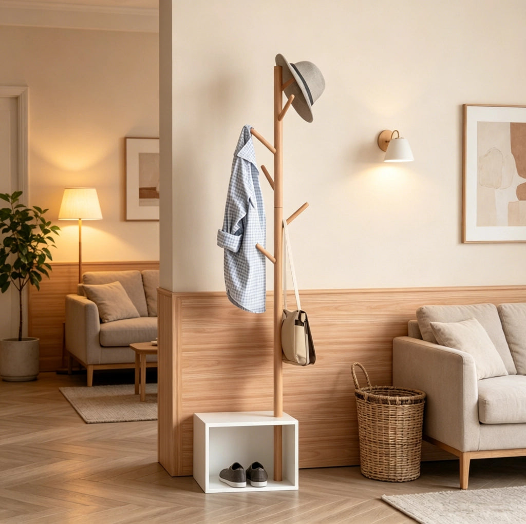 Appendiabiti da ingresso con panca e 6 ganci, bianco e bambù