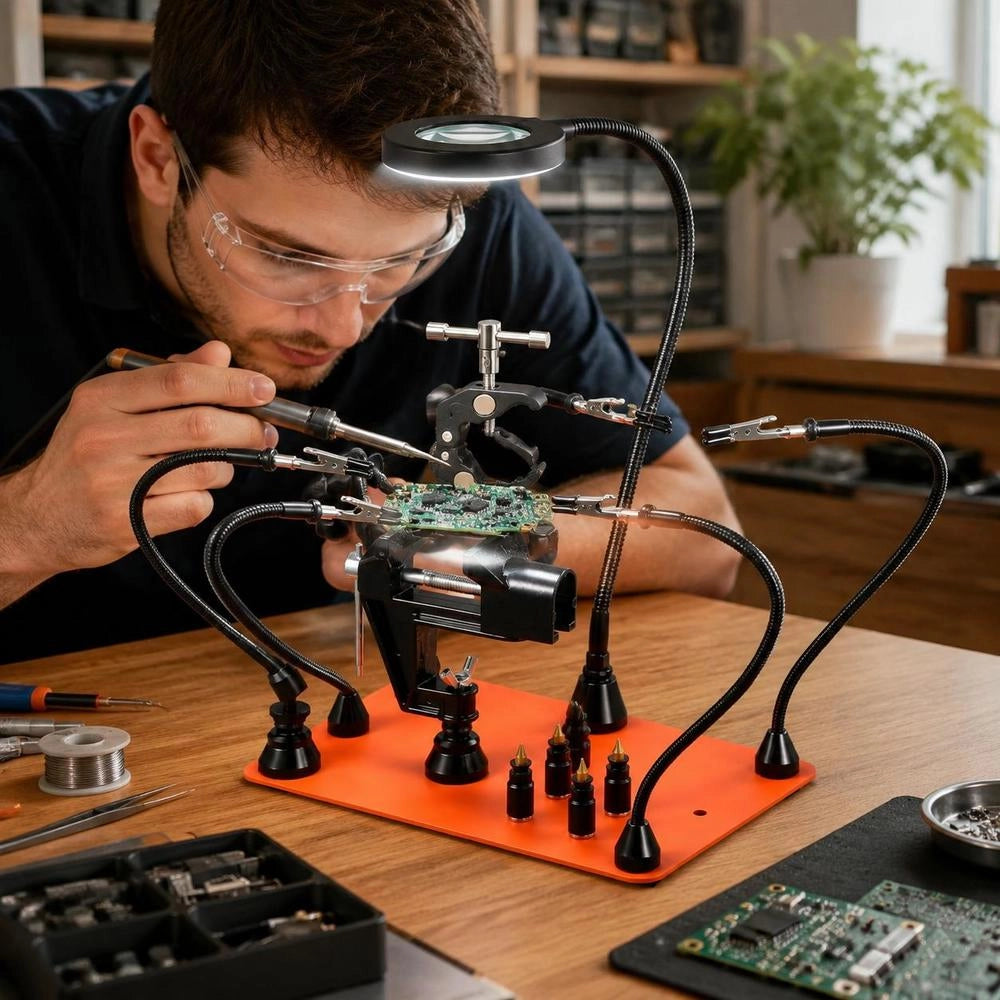 Soldering Aid Third Hand, Magnetic Soldering Station, 4-arm Hand Tool, With Vise, 3x LED Magnifying Lamp, 4 Circuit Board Holders And 360-degree Hot Air Gun Holder