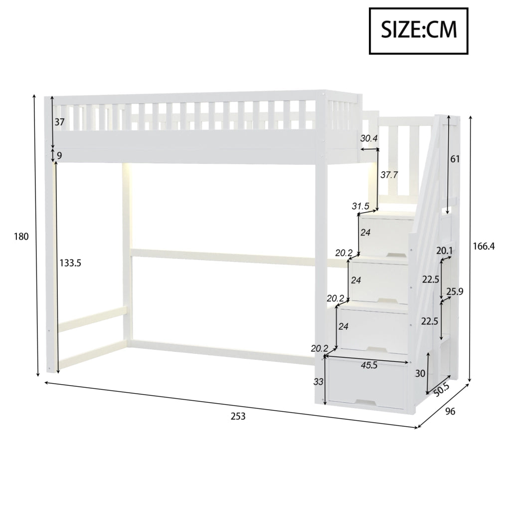 Letto a soppalco 90x200 cm con scala contenitore reversibile e LED bianco