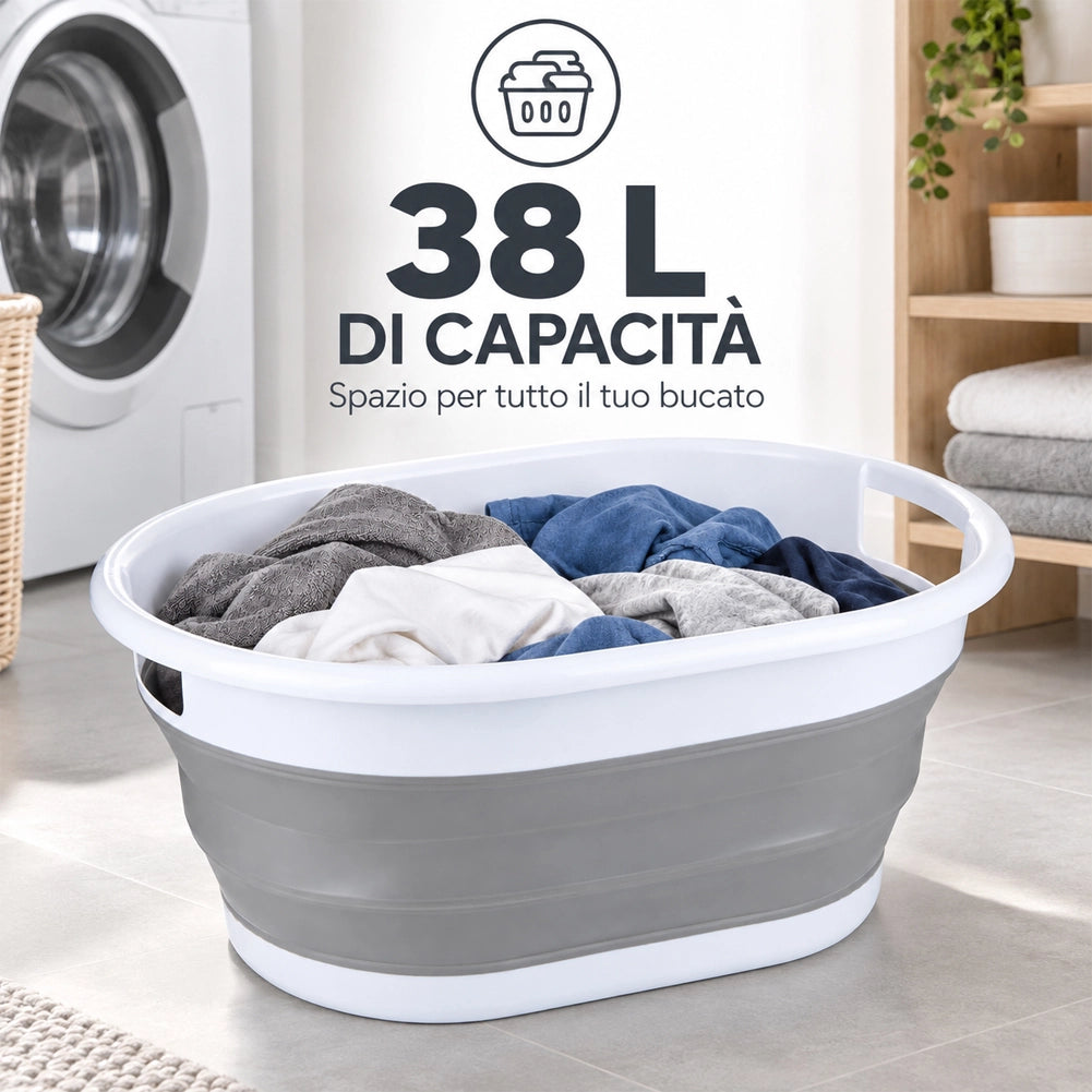 Cesto Portabiancheria Pieghevole in Silicone 38L con Maniglie Porta Biancheria 61.5x44x27cm